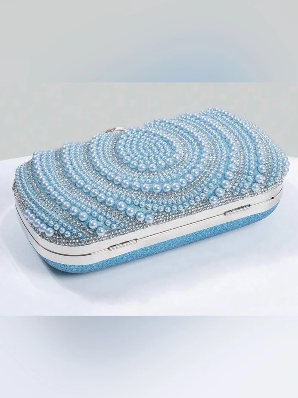 Pearl & Crystal Embellished Clutch - Blue